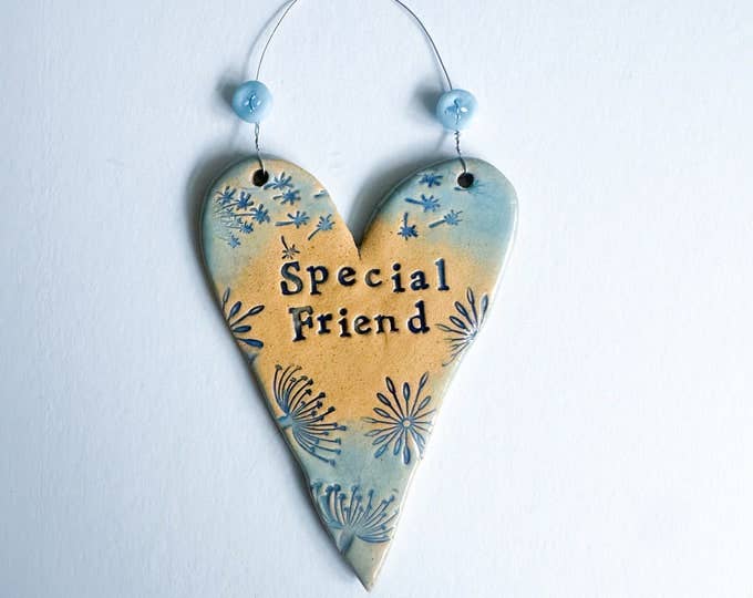 Special Friend ceramic hanging heart. Made in Wales.