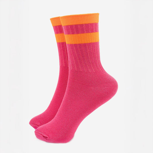 Women's Glitter Socks - Hot Pink/Orange, Striped Cuff