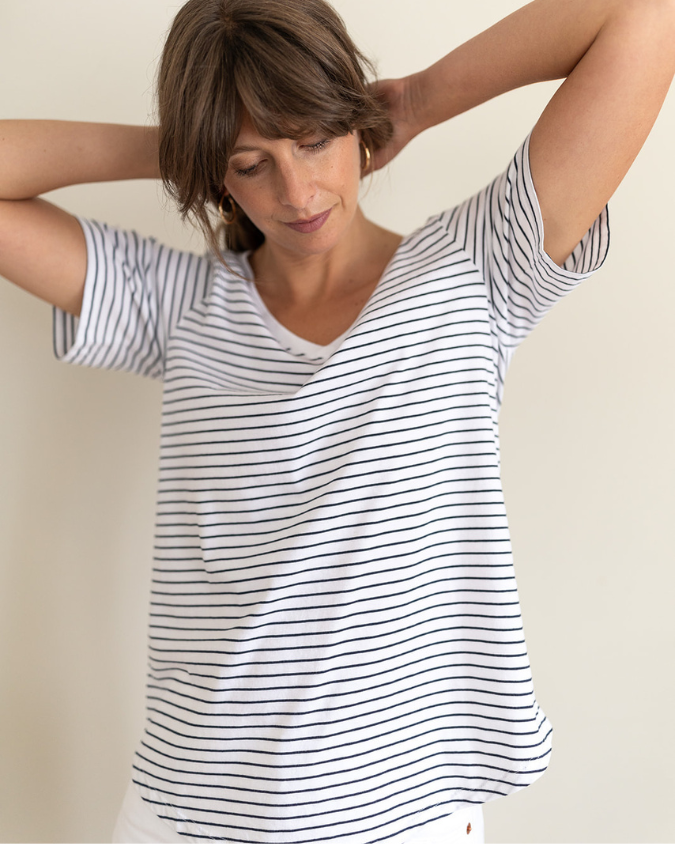 Ivy Dotty V Organic Cotton Navy Fine Stripe T-Shirt