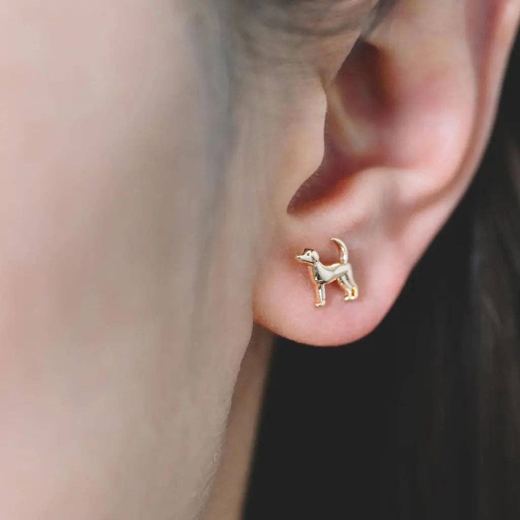 Gold-plated Dog Stud Earrings: Original Art in a Glass Dome