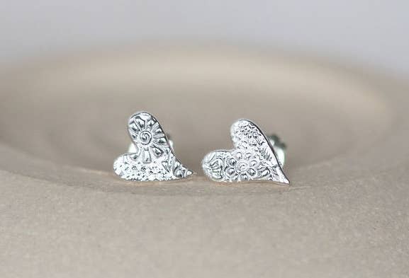Lucy Kemp - Sterling Silver Textured Tilted Heart Studs