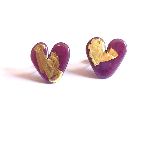 Helen Chalmers - Plum Gold Handmade Glass Heart Stud Earrings