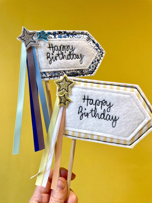 Girl Friday Embroidery - Happy Birthday Cake Topper Flag