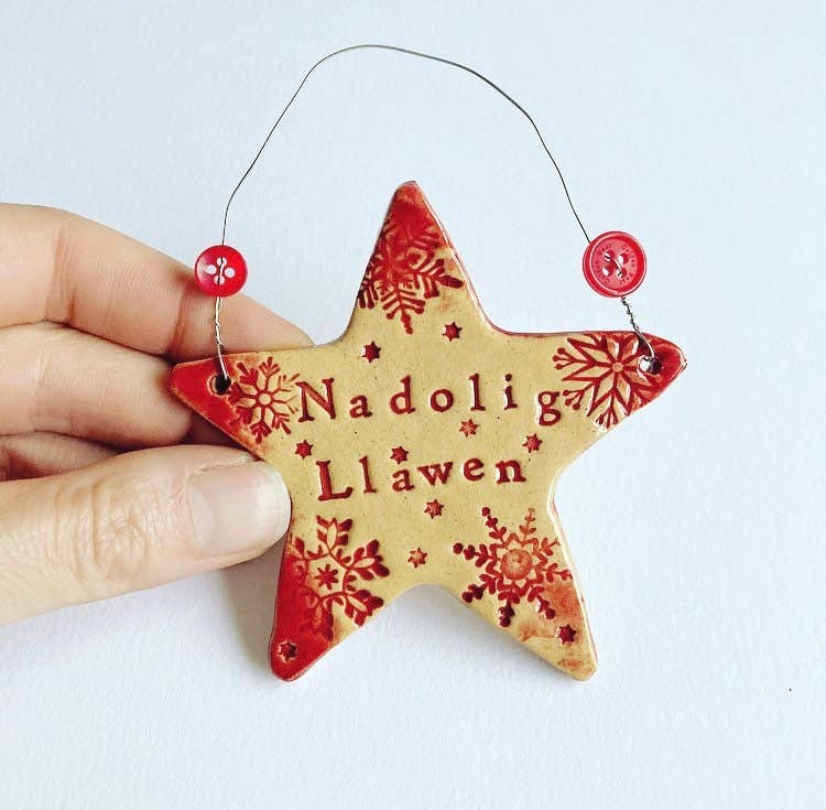 Nadolig Llawen Welsh Ceramic Heart/Star Decoration