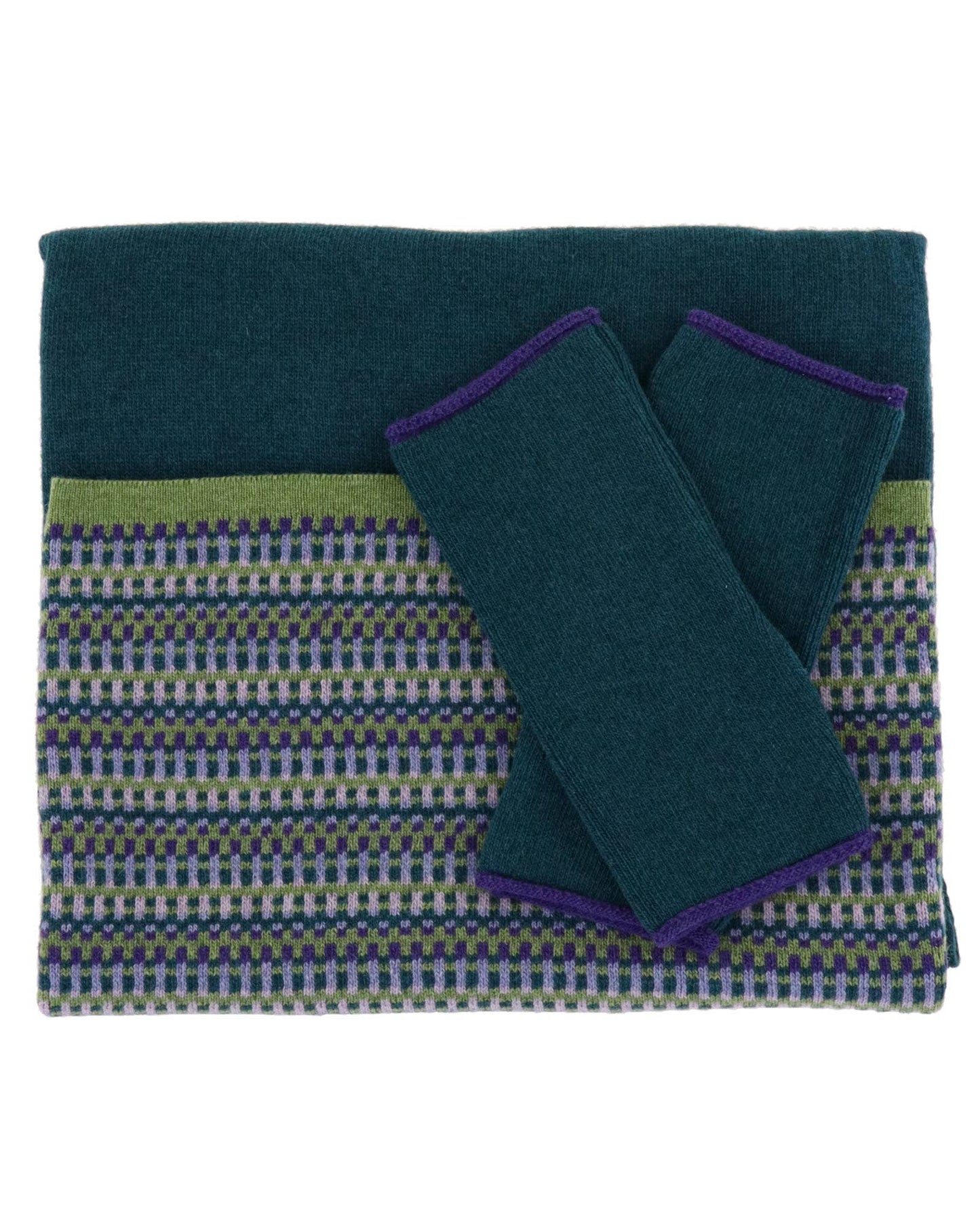 Cadenza Cashmere Blend Contrast Edge Wrist Warmers: Peacock and Ultraviolet