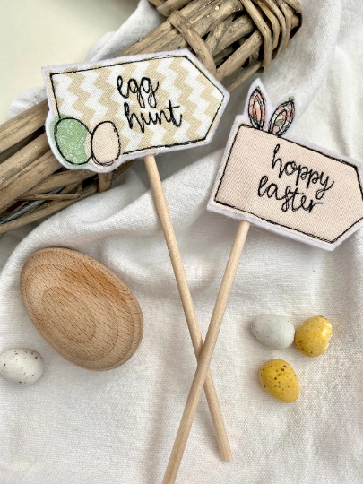 Girl Friday Embroidery - Easter cake topper flag  Hoppy Easter