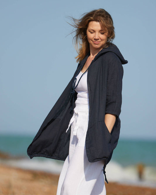 Cadenza Casual Hooded Linen Jacket: Navy