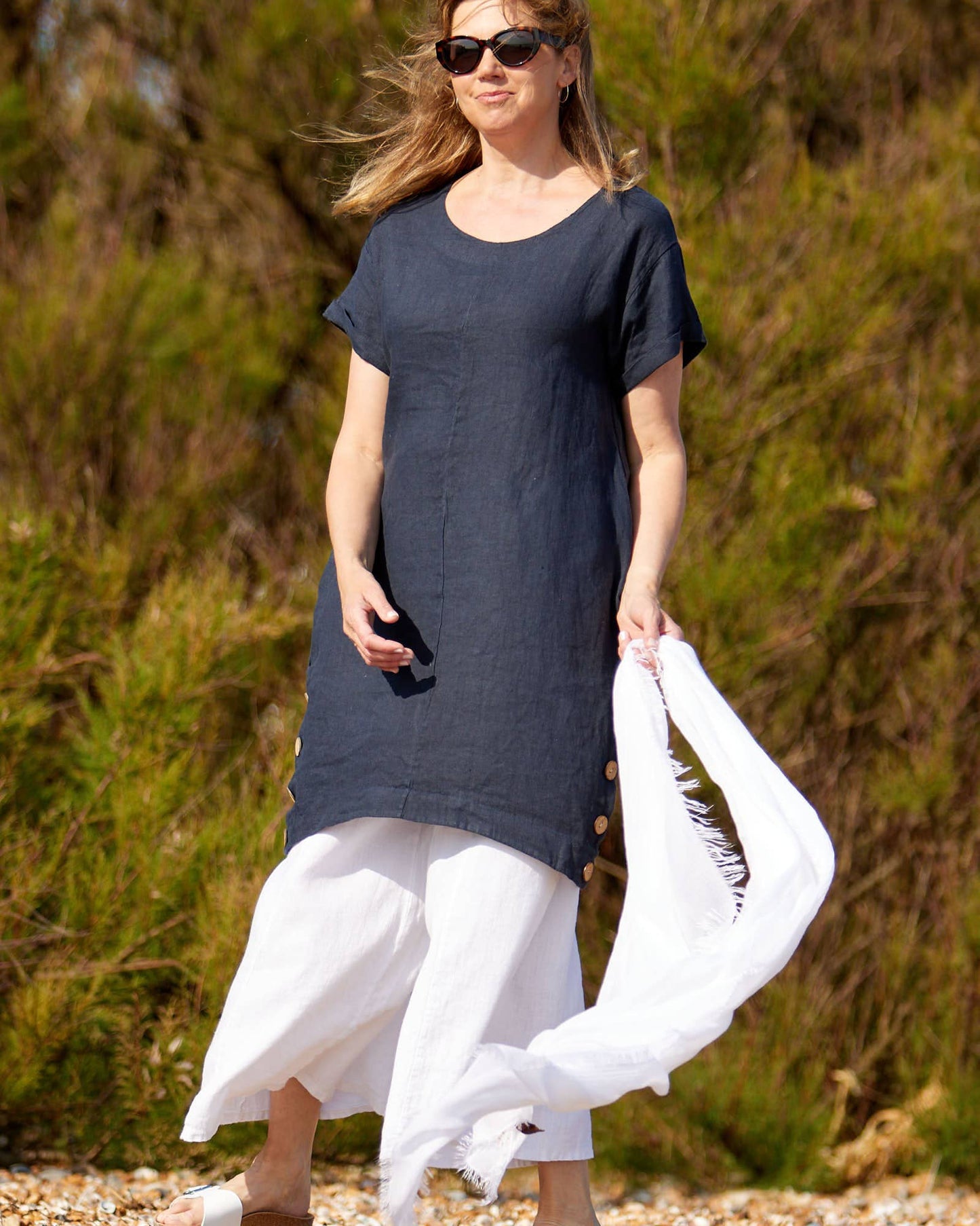 Cadenza Coconut Button Linen Dress: Lotus