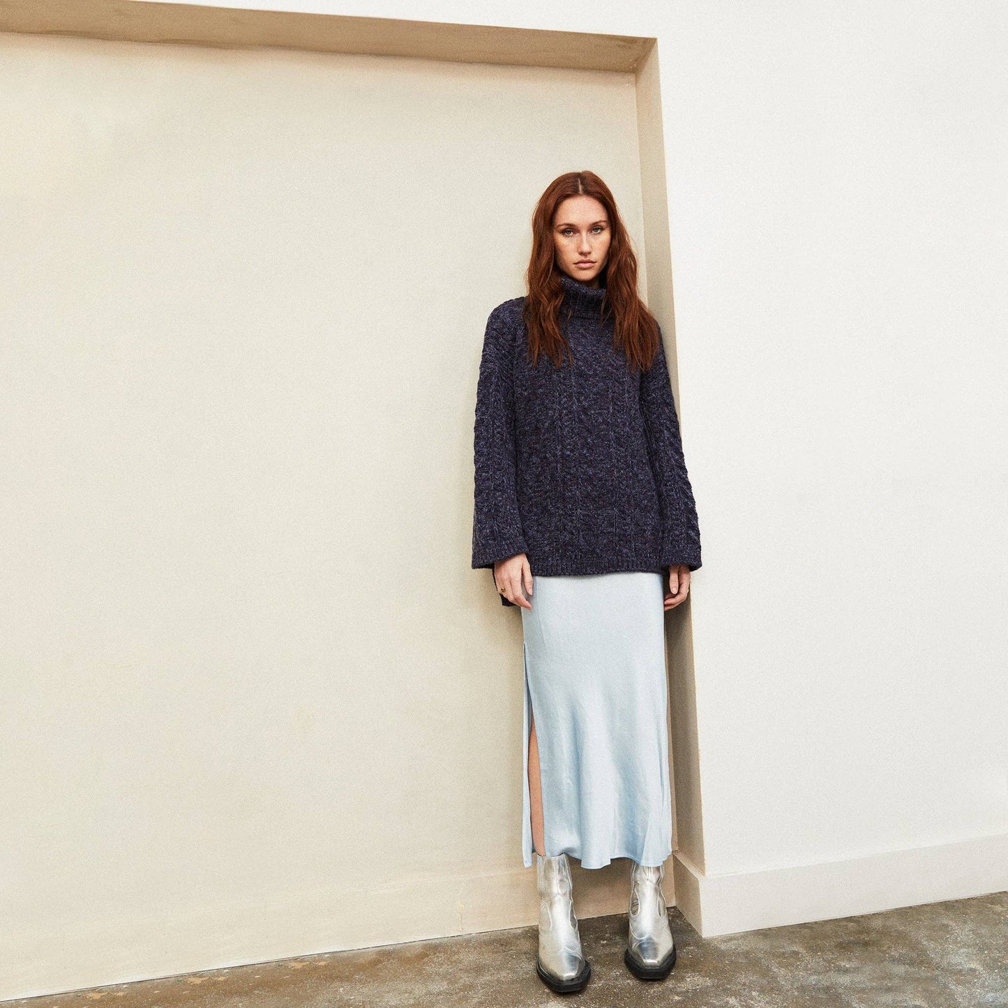 Cara & The Sky - Emily Cable Roll Neck Tunic Jumper - Navy | British Knitwear