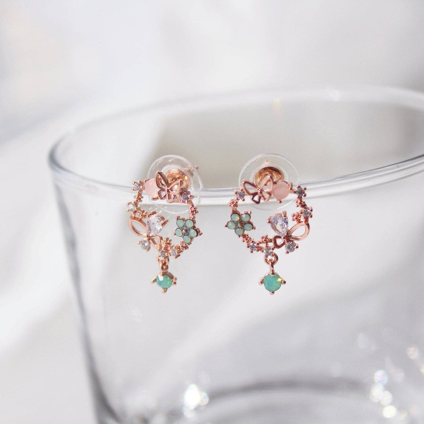 Ninaouity - Gold Butterfly Flower Earrings - with Mini Crystal Drop