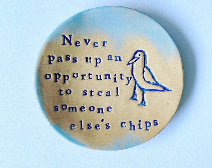 Chip Stealing Seagull Ceramic Dish: Handmade Jewelry Holder