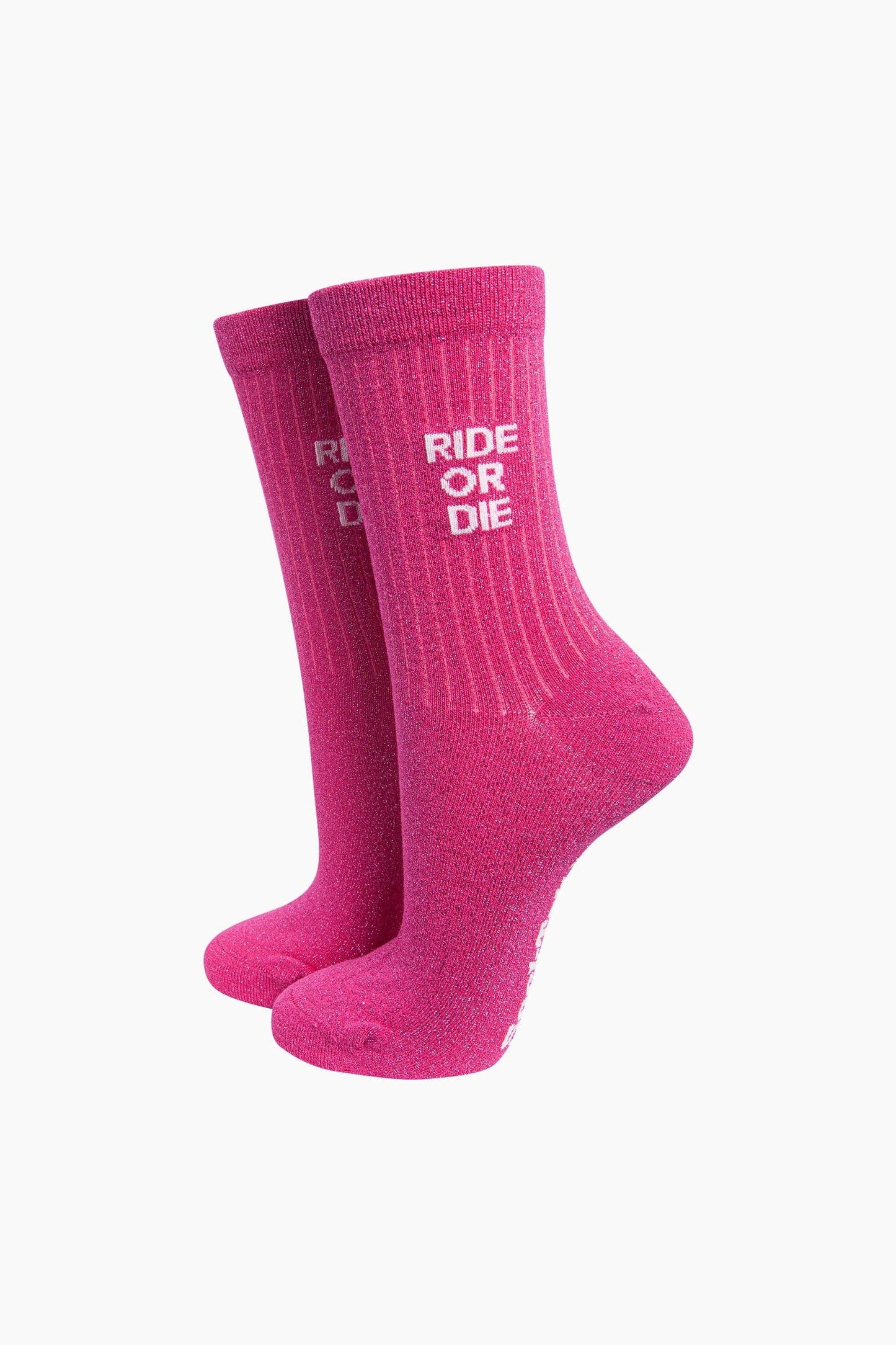 Ride or Die Combed Cotton Glitter Socks in Hot Pink
