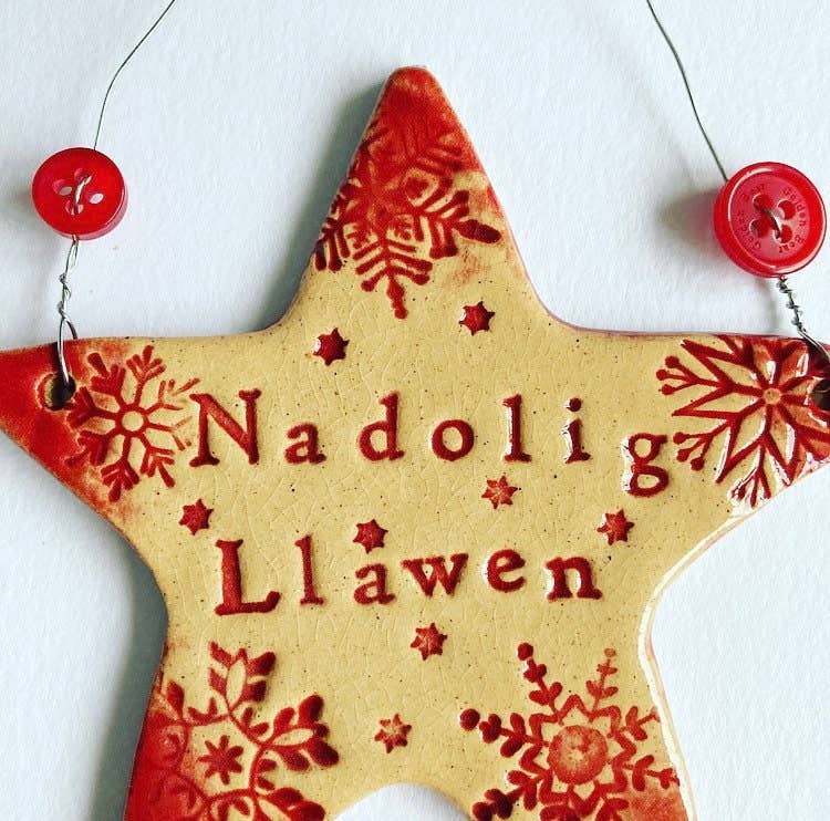 Nadolig Llawen Welsh Ceramic Heart/Star Decoration