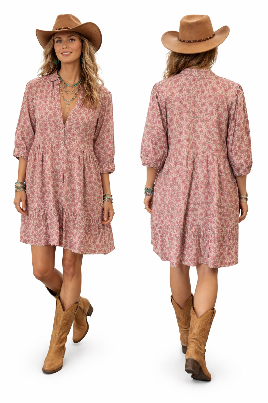 Floral blush pink woodblock print cotton dress