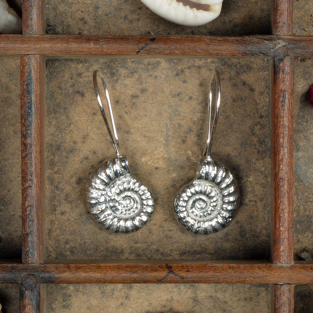 Ammonite Fossil Drop Earrings, English Pewter Jewellery