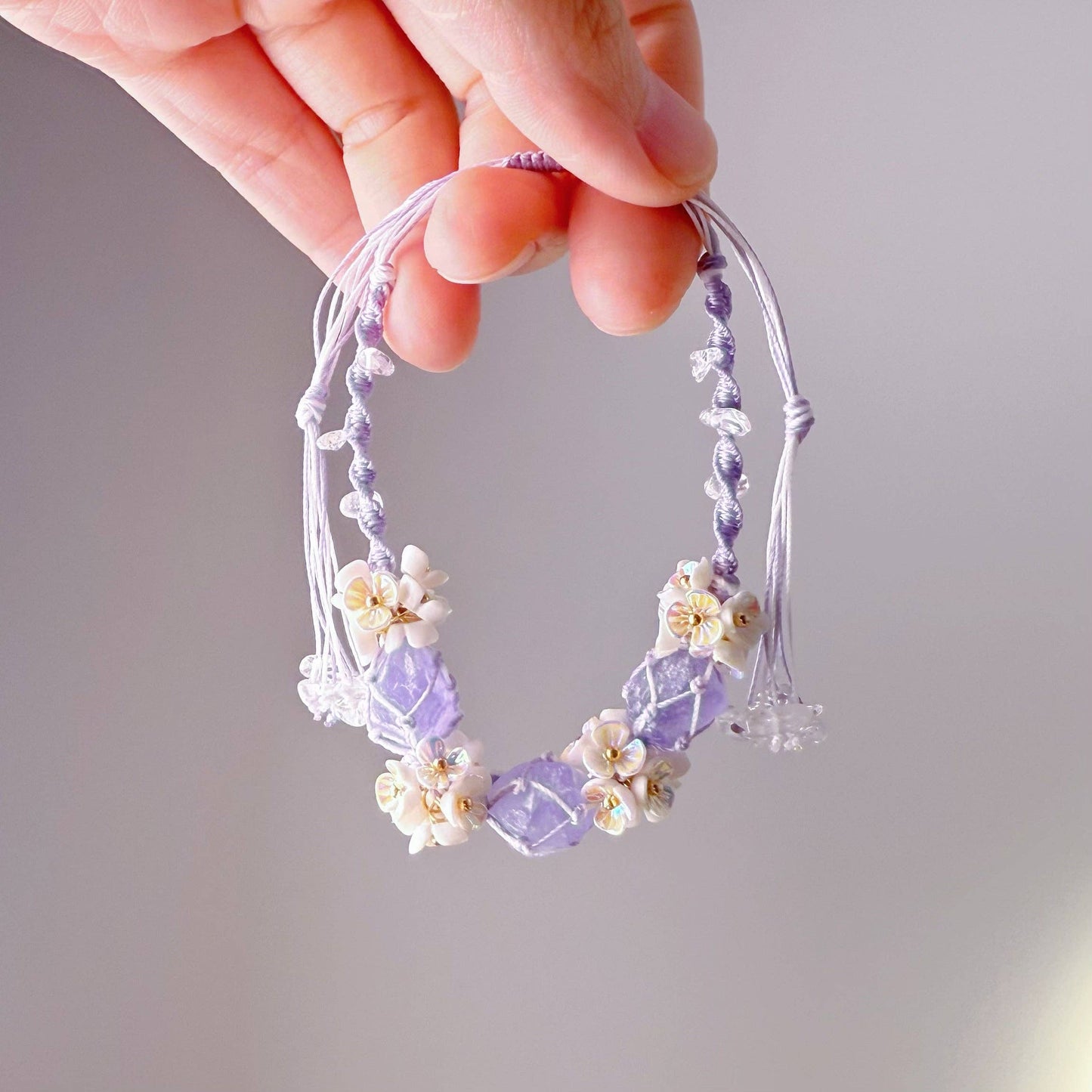 Ninaouity -  - Crown Chakra Amethyst and Flowers Handmade Macrame Crystal Bracelet