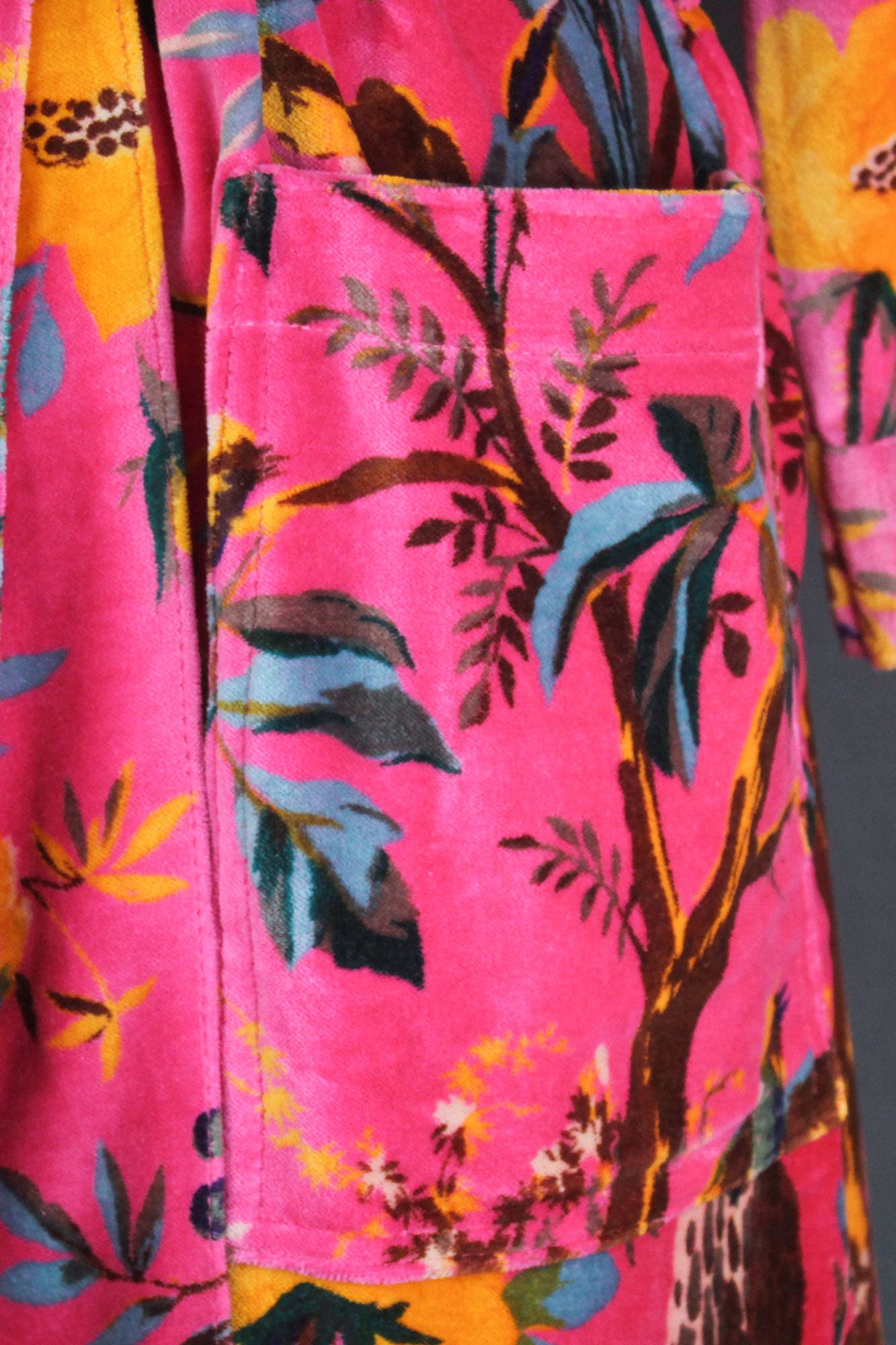 Velvet Kimono With Lining Gown- Pink Yellow Bird of Paradise