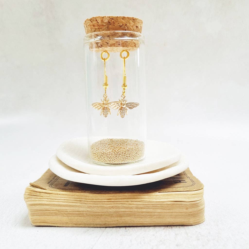 Gold Bee and Crystal French Hook Earrings in a Bottle