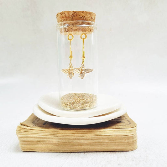 Gold Bee and Crystal French Hook Earrings in a Bottle