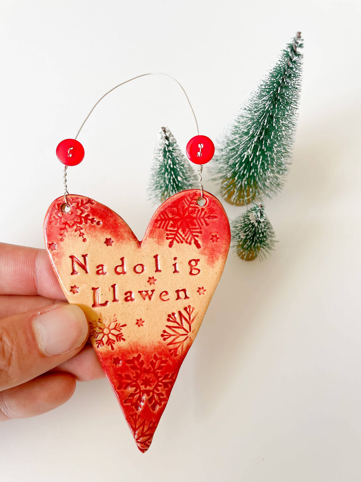 Nadolig Llawen Welsh Ceramic Heart/Star Decoration