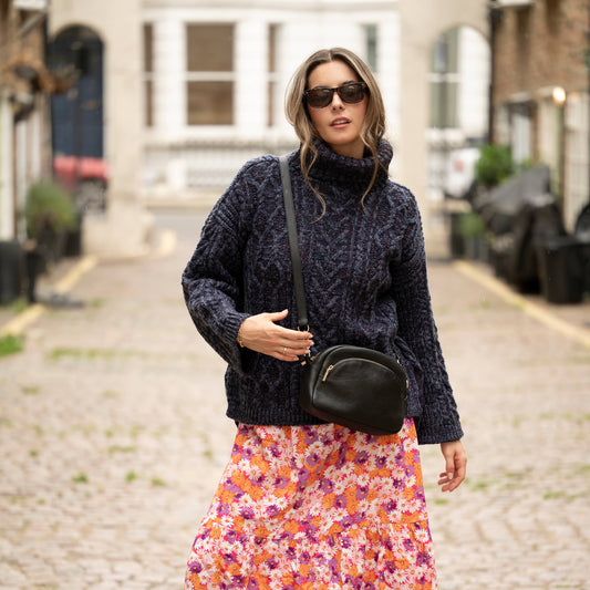 Cara & The Sky - Emily Cable Roll Neck Tunic Jumper - Navy | British Knitwear