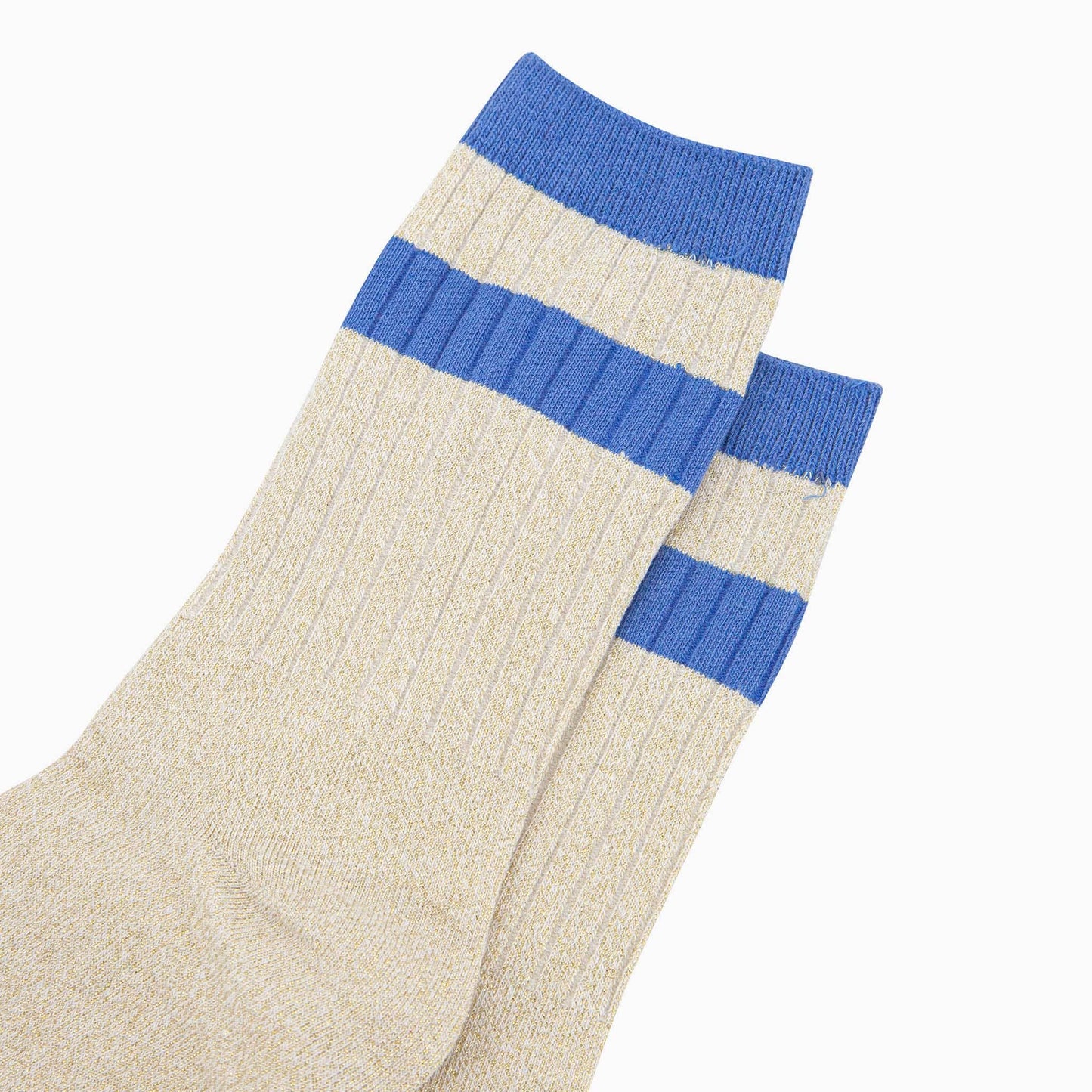 Striped Cuff Ribbed Cotton Glitter Socks in Cream/Blue