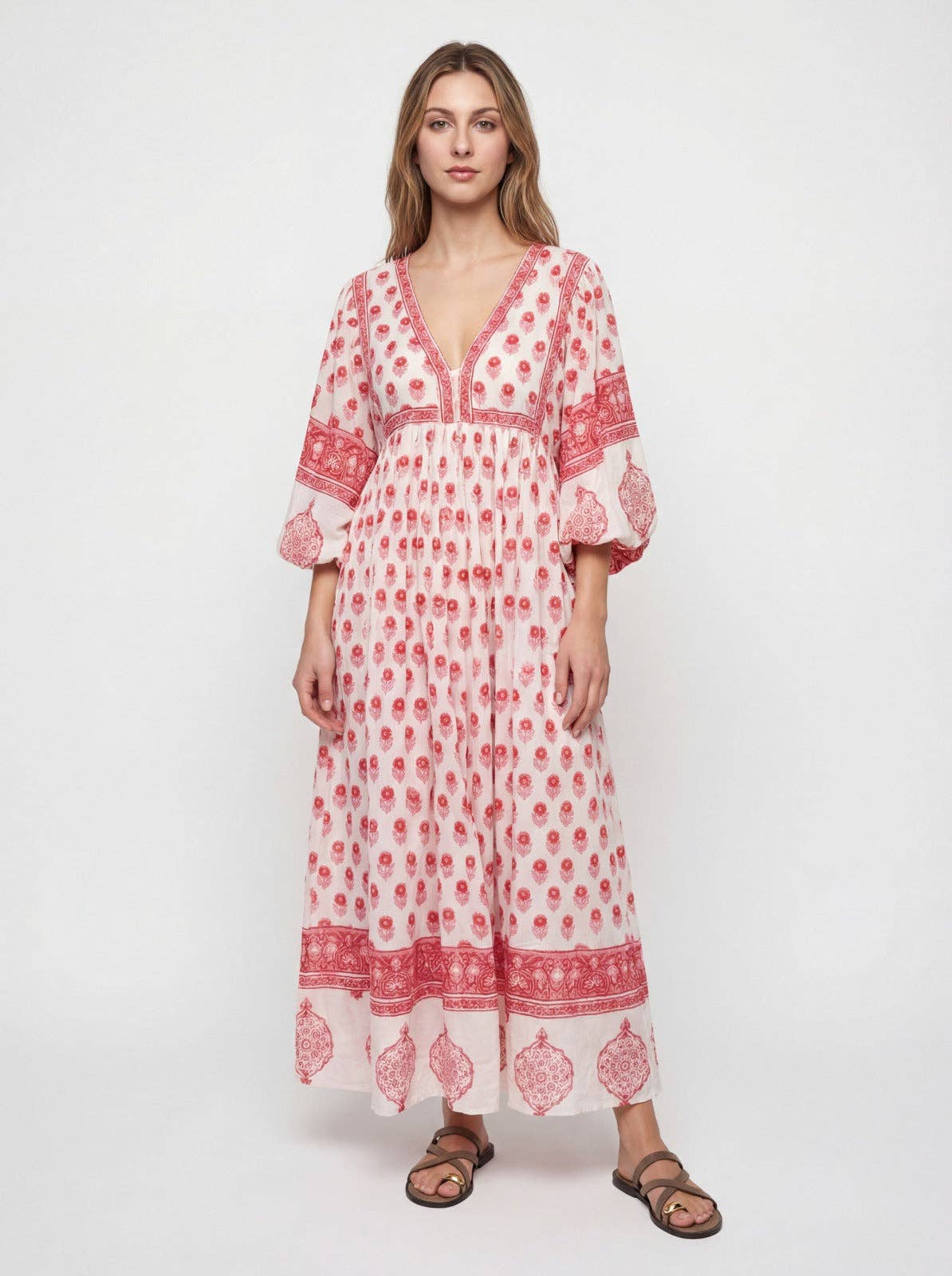 Floaty sleeve Folk Print maxi dress .