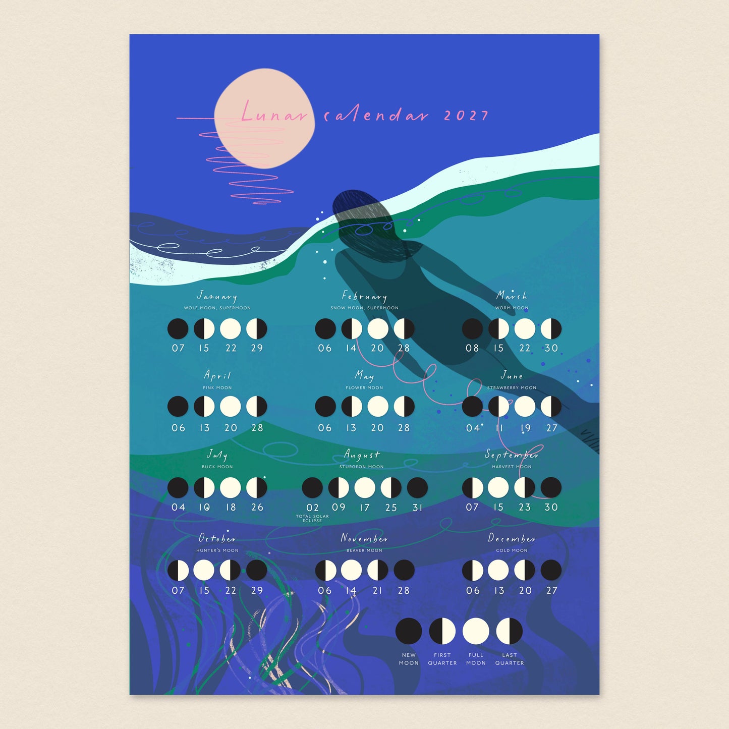 Lunar Calendar 2027 | A3 Moon Phase Calendar