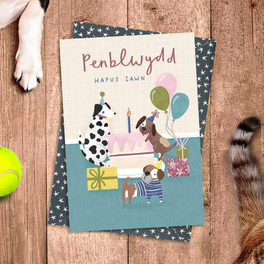 Penblwydd Hapus Iawn (Dogs and cake birthday) WELSH Card
