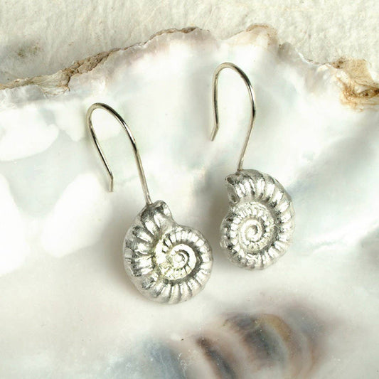 Glover & Smith - Ammonite Fossil Drop Earrings, English Pewter Jewellery