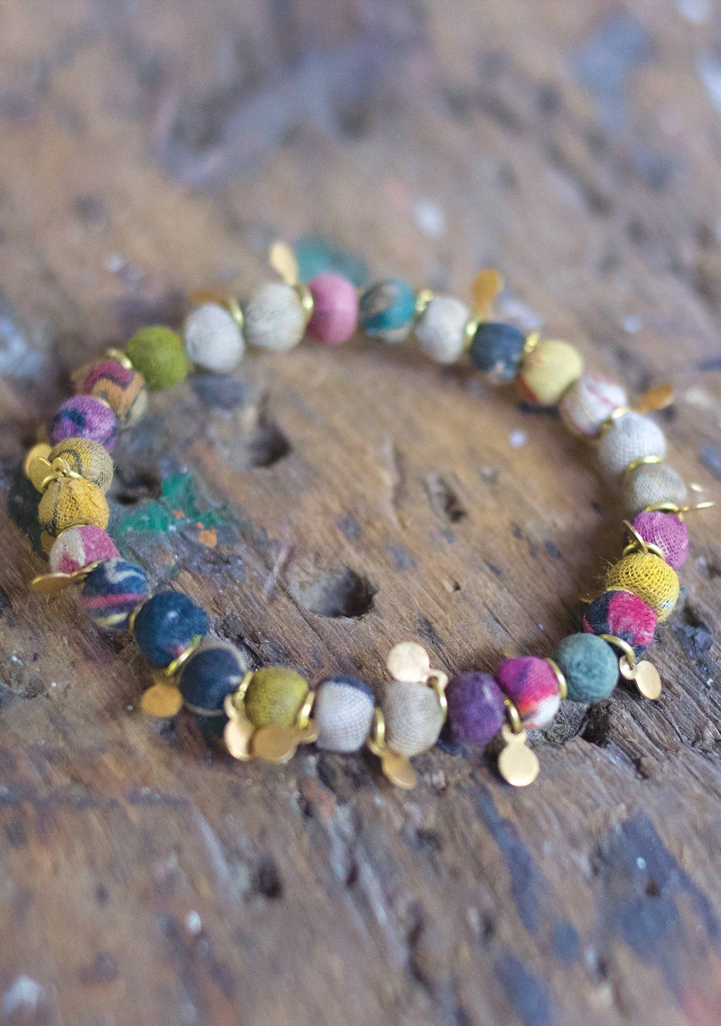 Namaste - Elasticated Recycled Fabric Bead Bracelet