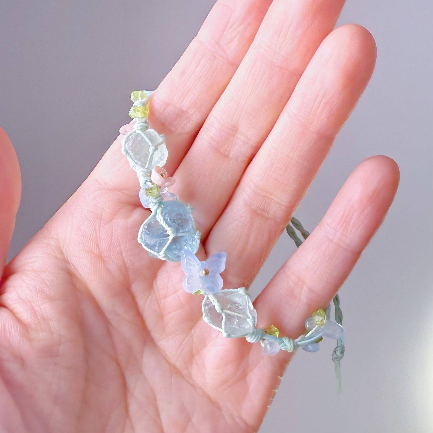 Ninaouity -  - Throat and Heart Chakra Aquamarine Crystal and Butterfly Handmade Macrame Bracelet