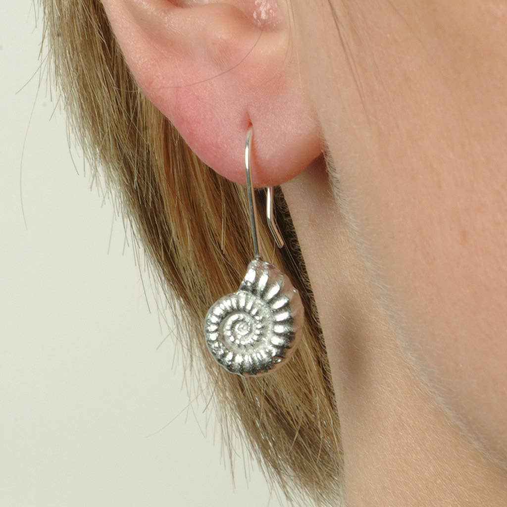 Ammonite Fossil Drop Earrings, English Pewter Jewellery