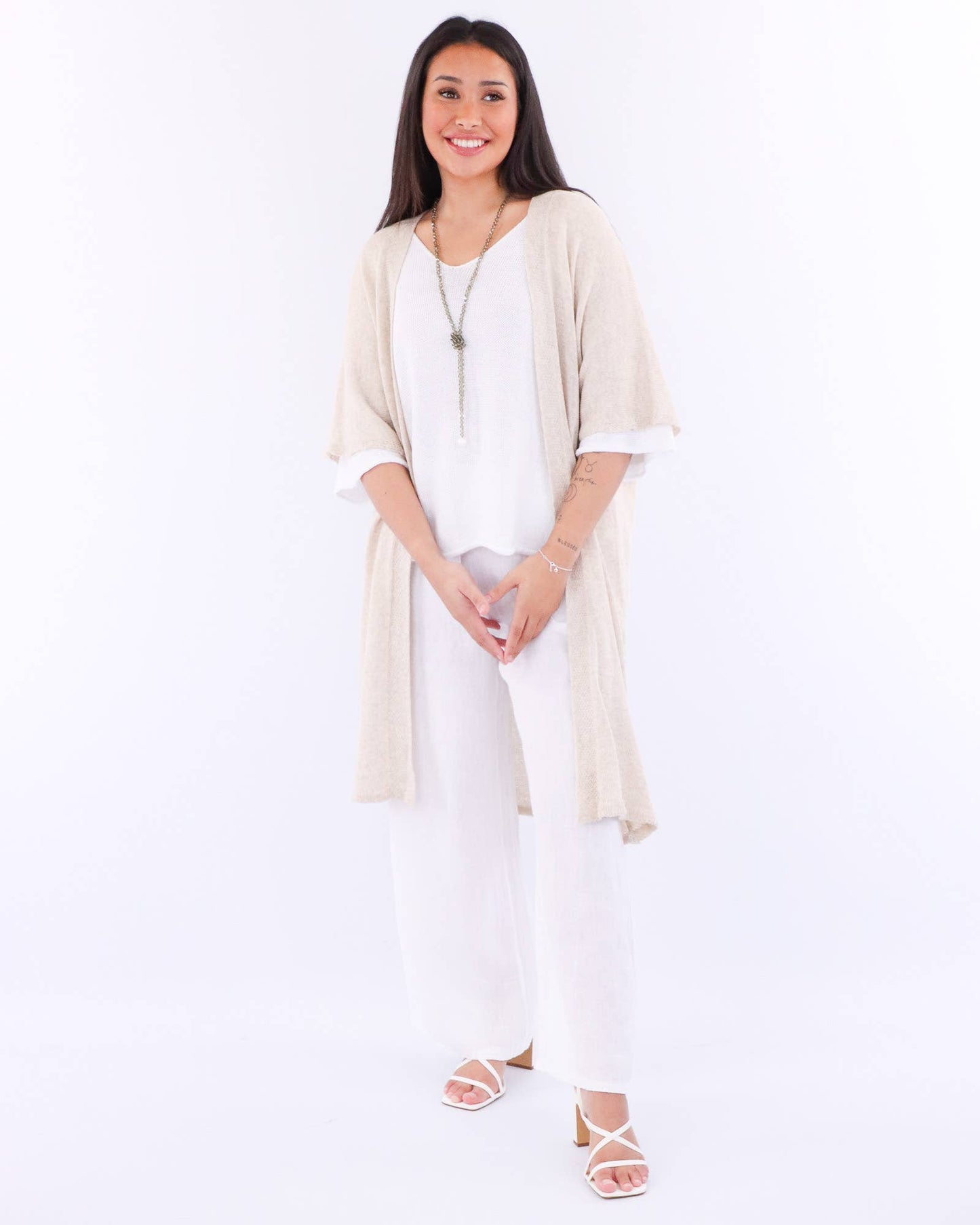 Cadenza Cotton Blend Long Kimono: Taupe