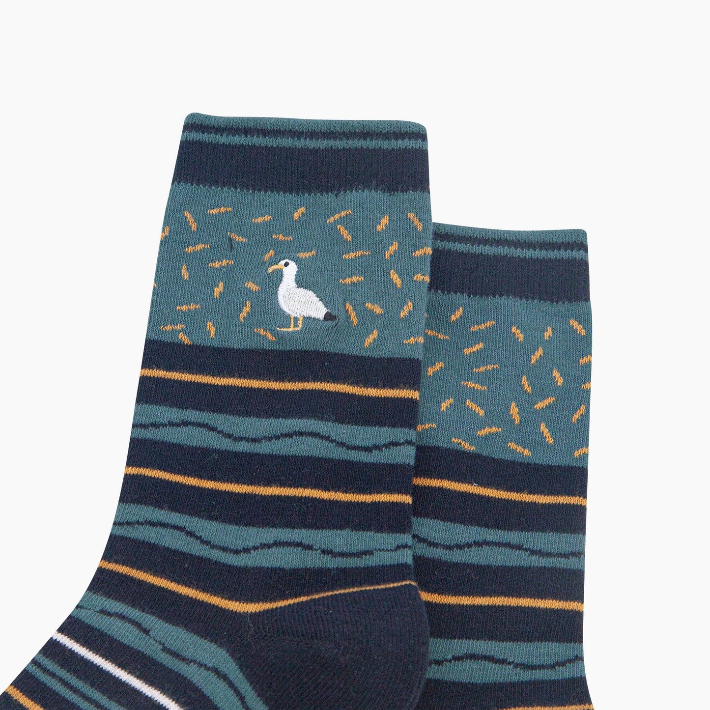 Seagull Combed Cotton Pattern Embroidered Socks in Teal/Navy Blue
