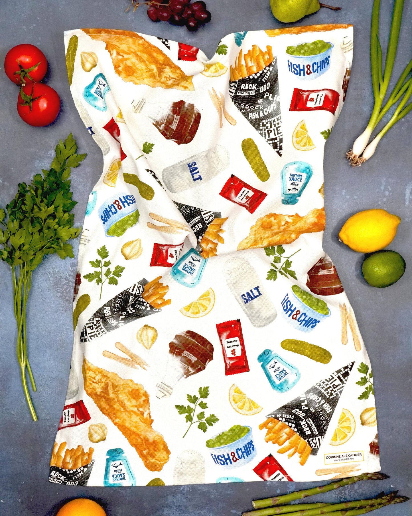 Fish & Chip Tea Towel - 100% Cotton - Novelty Kitchen Towel