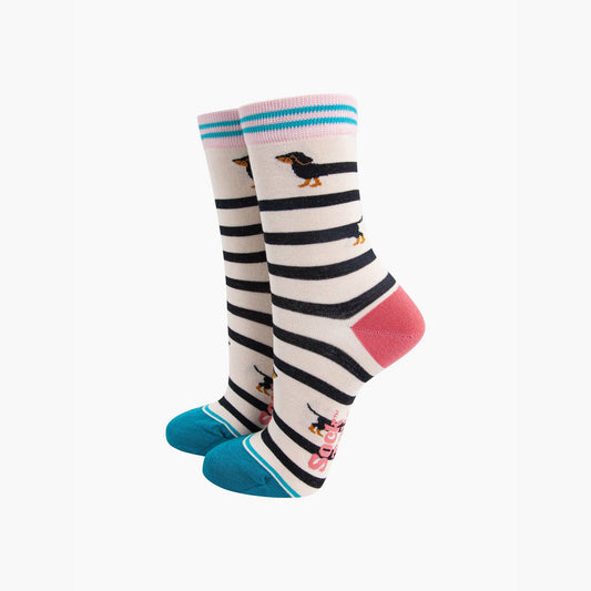 Winding Sausage Dog Bamboo Socks in Cream