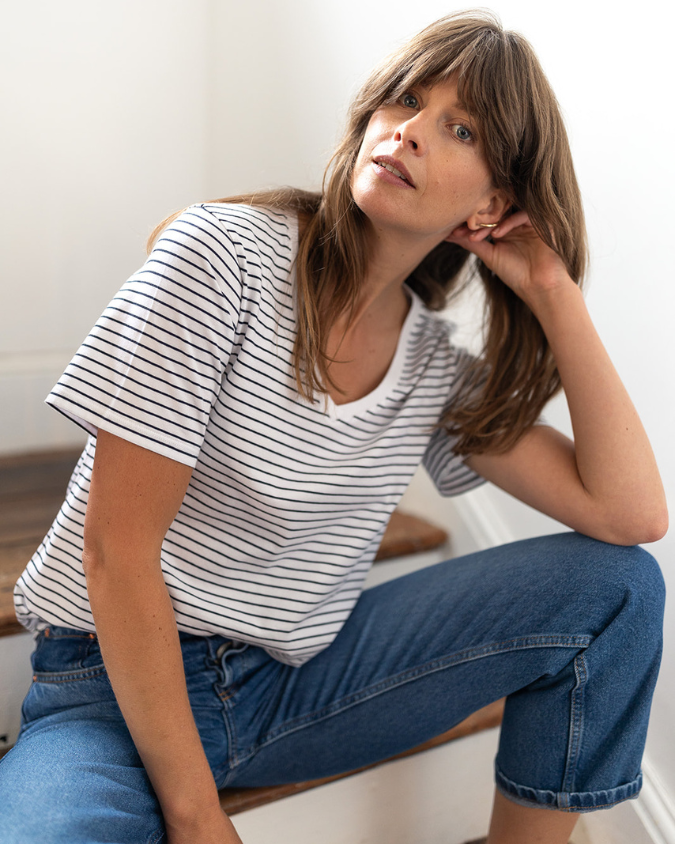 Ivy Dotty V Organic Cotton Navy Fine Stripe T-Shirt