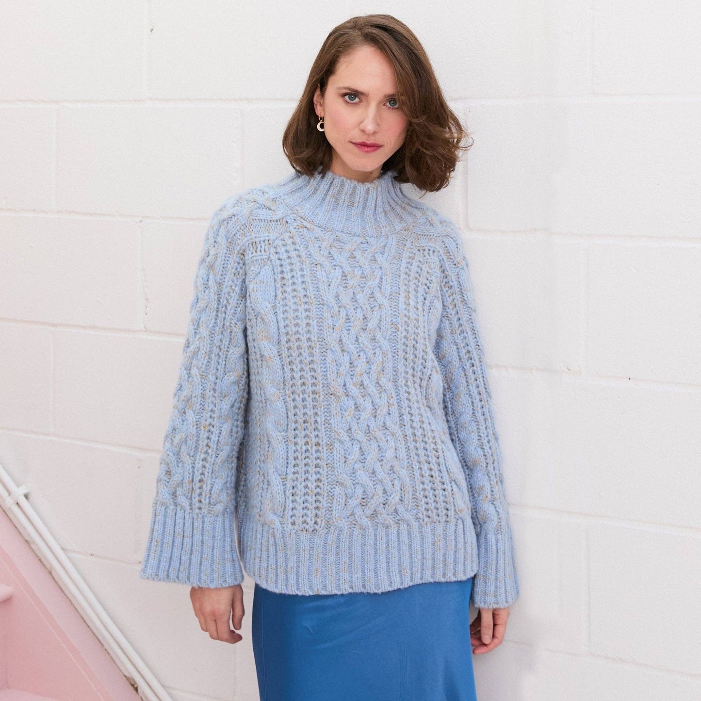 Cara & The Sky - Sarah High Neck Cable Wide Sleeve Jumper - Blue Knit Sweater