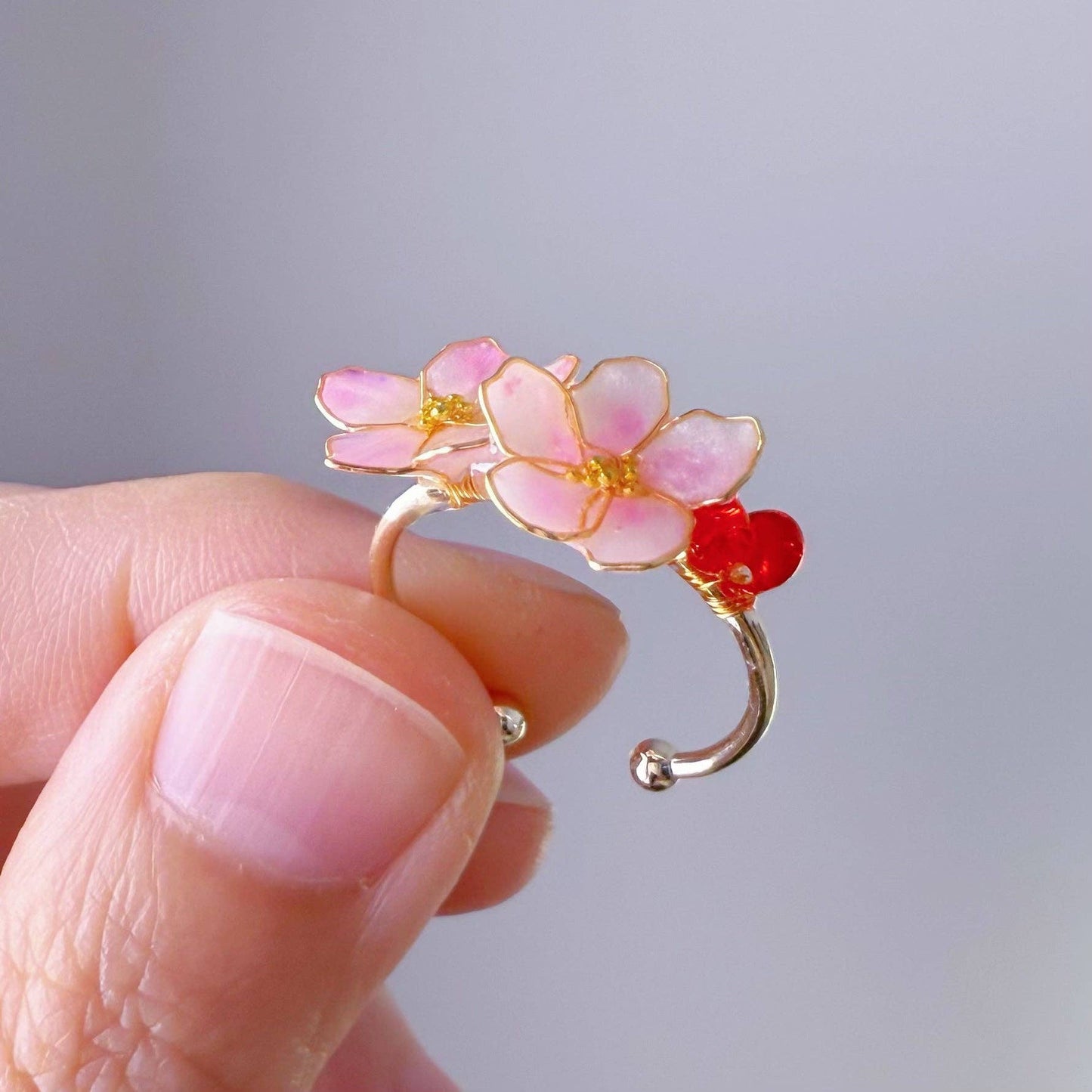Ninaouity - Handmade Little Dark Pink Cherry Blossom Flowers Ring