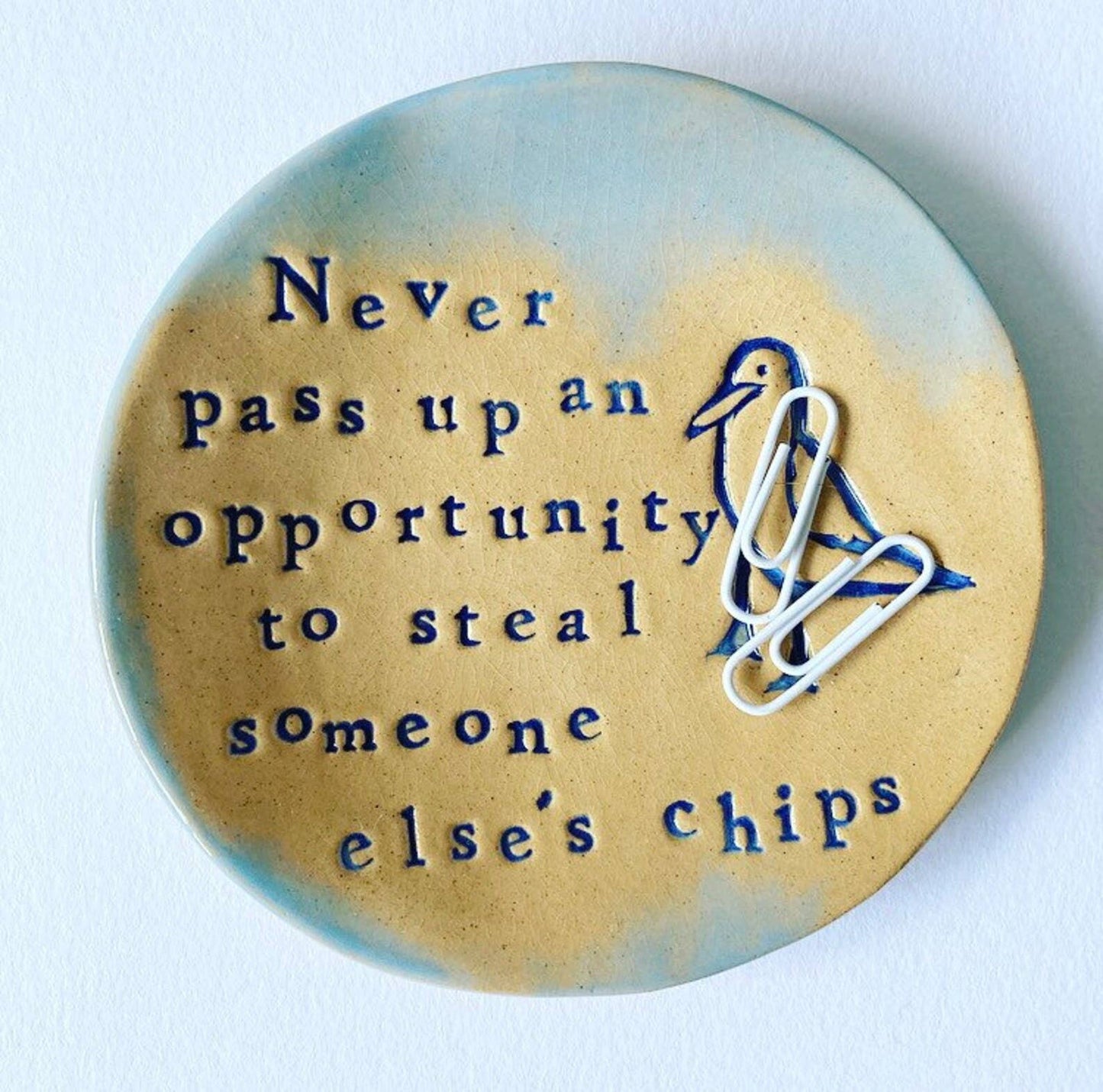 Chip Stealing Seagull Ceramic Dish: Handmade Jewelry Holder