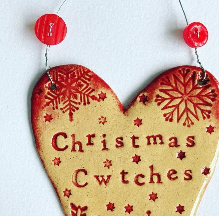 Ceramic Christmas Cwtches Heart Decoration Handmade in Wales
