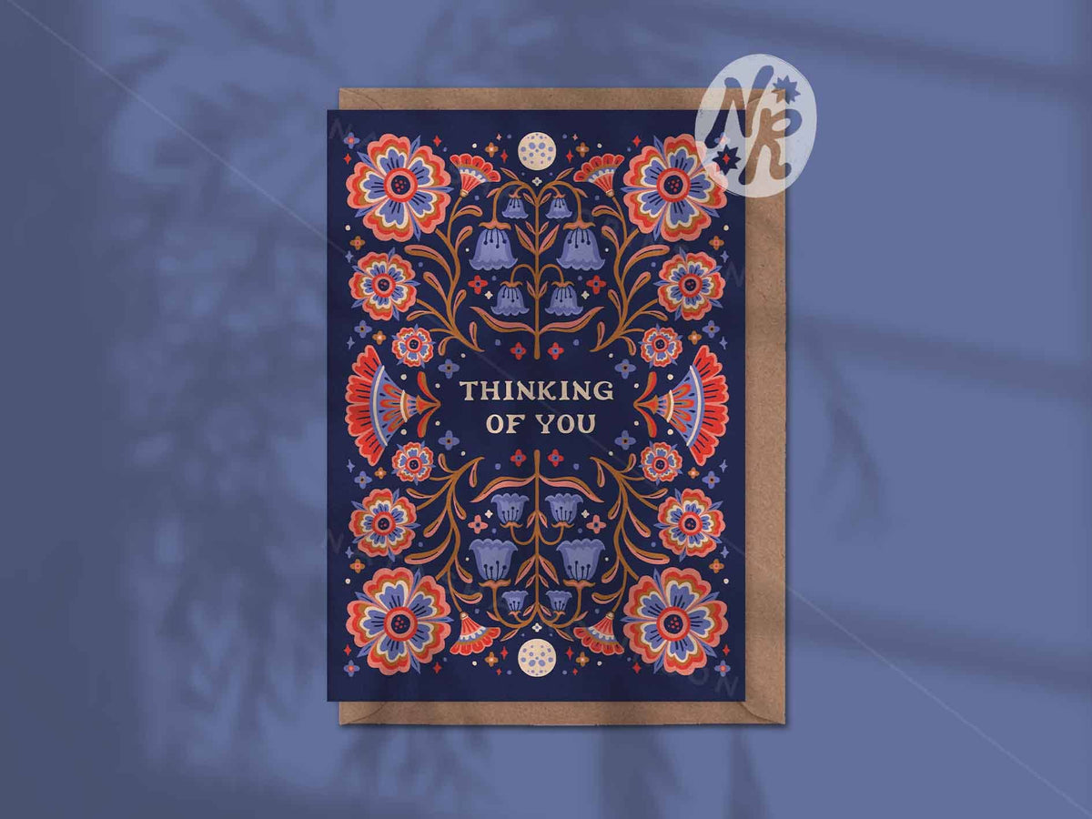 Natasha Robinson - Thinking of You A6 Folk Floral Sympathy Greetings Card
