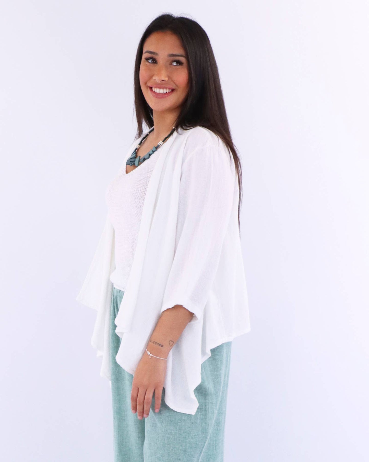 Cadenza Linen and Cotton Blend Waterfall Front Cardi: One Size