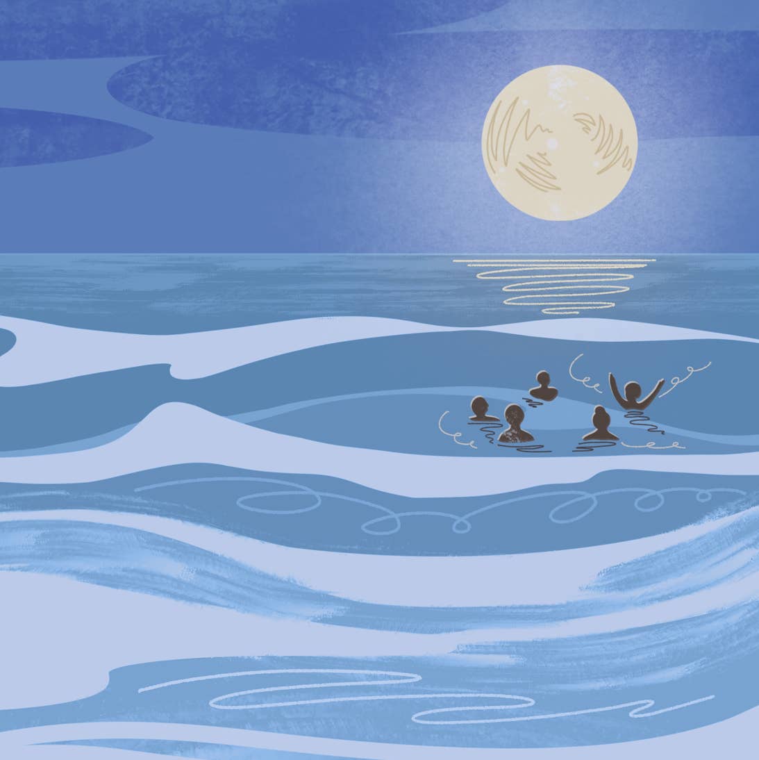 Wild and free greeting card full moon swimmers
