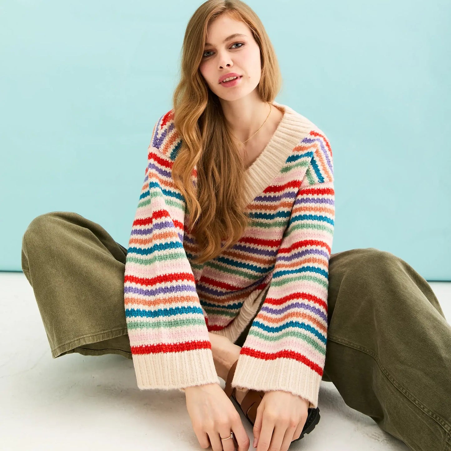 Cara & The Sky - Jasmine Wide Sleeve V Neck Striped Jumper | Women's Knitwear