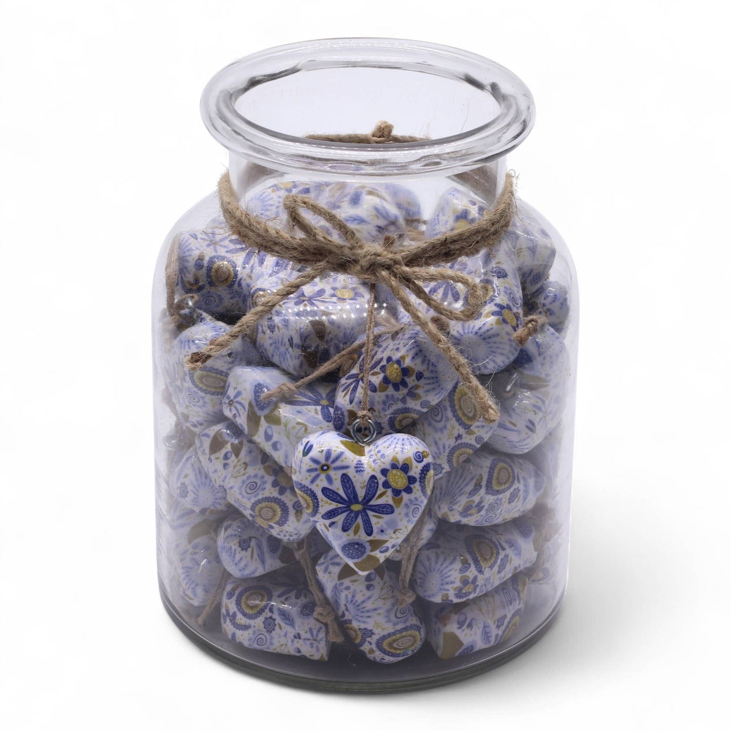 Decor Wood Hearts -  Blue Floral (50) - in Jar