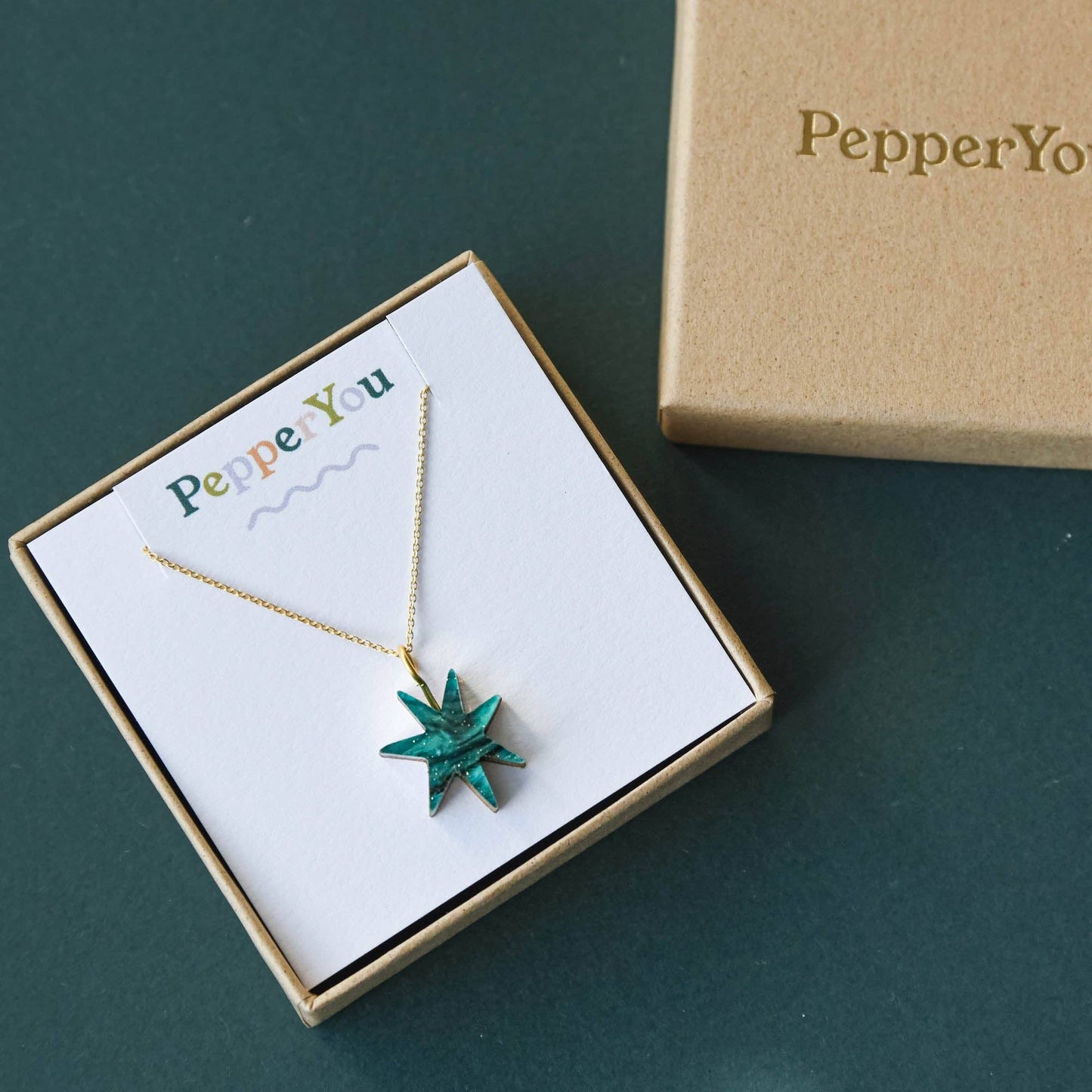 Pepper You Hand Drawn Star Gold Necklace in Smoke Black Sparkle: Marble Teal Sparkle