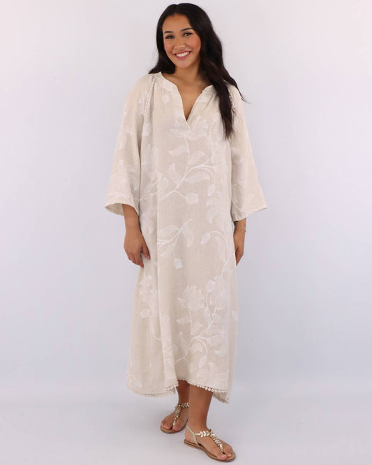 Cadenza Lace Edge Linen Midi Dress: Cream