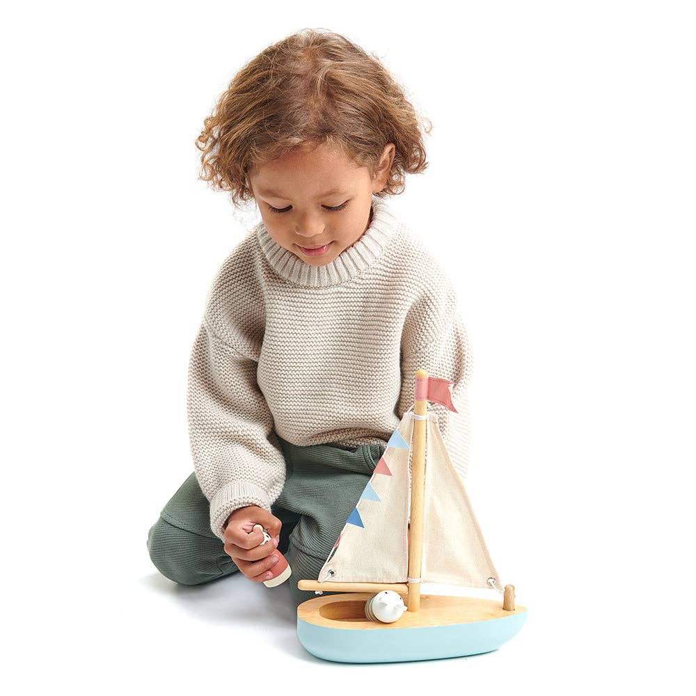 Threadbear Design UK - Sailway Wooden Toy Boat with Bubble and Squeak Dolls